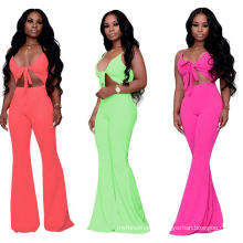 C3758 Wholesale Sexy Women Deep V Neck Solid Color Rhinestone Party Jumpsuit With Wide Leg For Women 2019